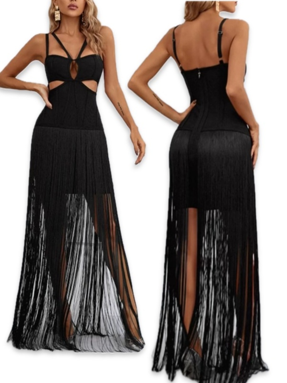 Genavieve Black Strappy Fringe Bodycon Maxi Dress Formal Medium